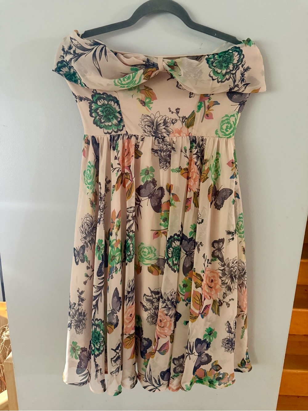 Hell Bunny Marilyn Butterfly Floral Off Shoulder Midi Dress Pink Cream Size S